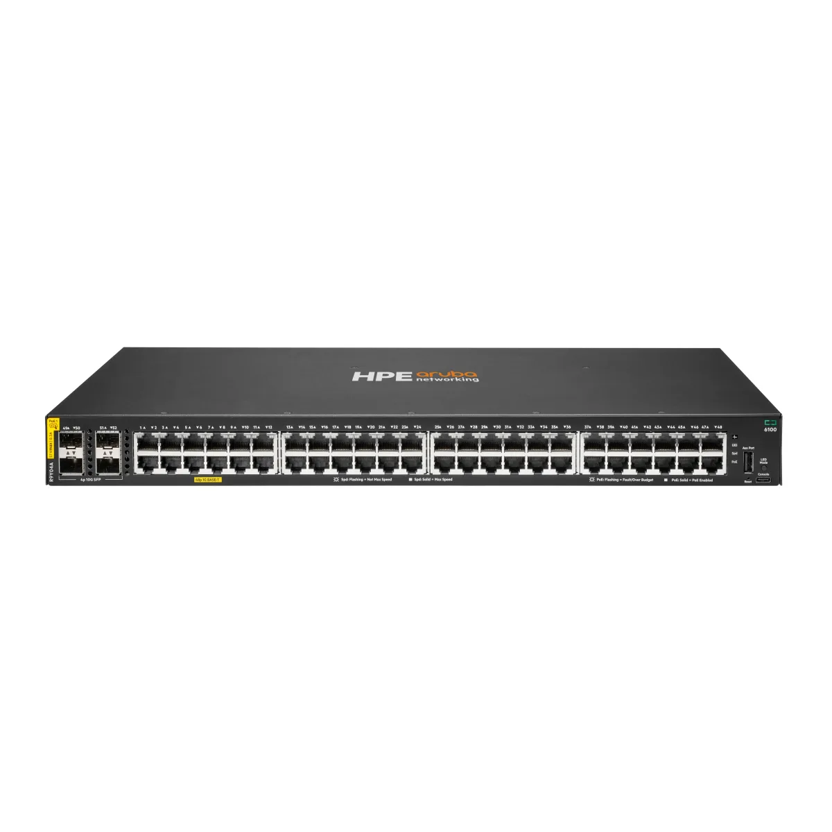 HPE Aruba Networking CX 6100 48G Class4 PoE 4SFP+ 740W Switch - Switch - L3 - Managed - 48 x 10/100/1000 (PoE+) + 4 x 1 Gigabit / 10 Gigabit SFP+ (uplink) - side to side airflow - rack-mountable, wall-mountable - PoE+ (740 W) - CTO