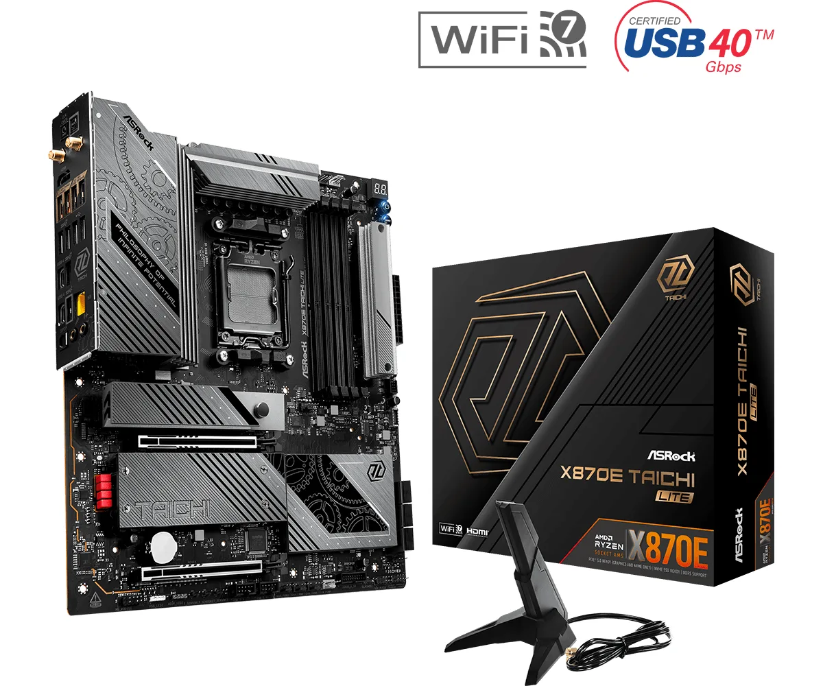 ASRock X870E TAICHI LITE AMD AM5 Socket Motherboard, E-ATX, 4x DDR5 Slots, 4x M.2 Sockets, Fitted I/O Shield, 5GbE LAN, Wi-Fi 7, 1x HDMI Port / 2x USB-C (USB4)
