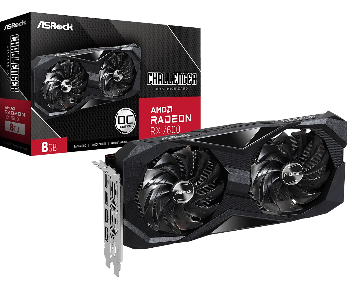ASRock AMD Radeon RX 7600 Challenger OC 8GB GDDR6 Graphics Card, 2048 Streams, 2695 MHz Boost Clock, Dual Fan, 3x DisplayPorts / 1x HDMI Port