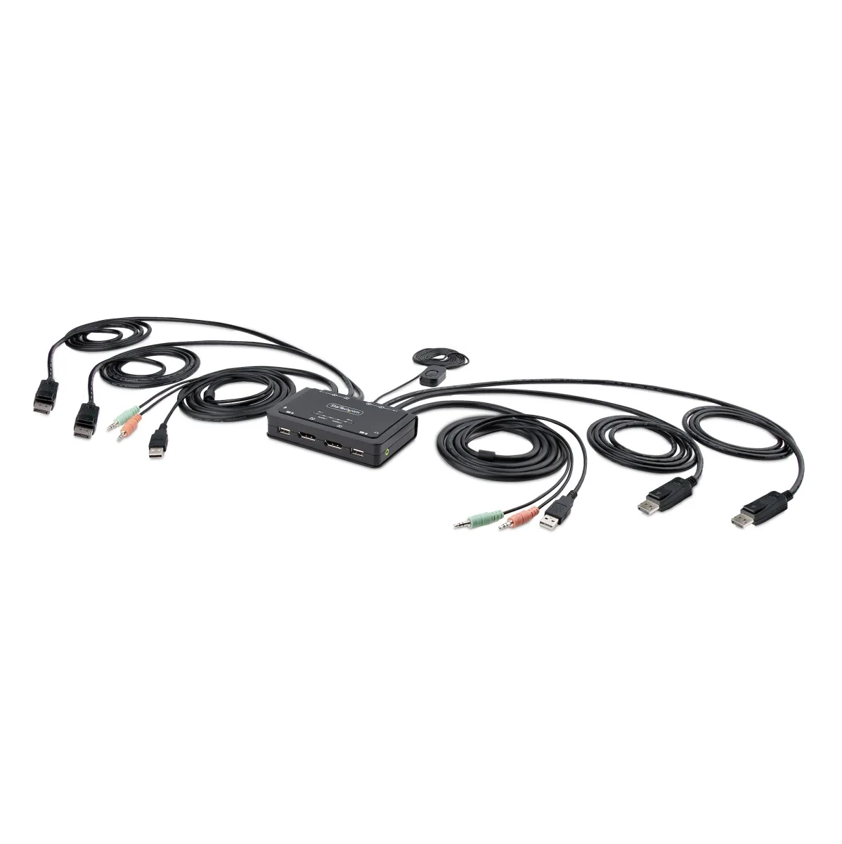 Startech 2-Port Dual-Monitor DisplayPort Cable KVM Switch, 4K 60Hz, Compact KVM with 5ft/1.5m USB-A/DisplayPort/Audio Integrated Cables, Bus Powered - Remote Push Button/Hotkey Switching (C2-DD46-UA2-CBL-KVM)
