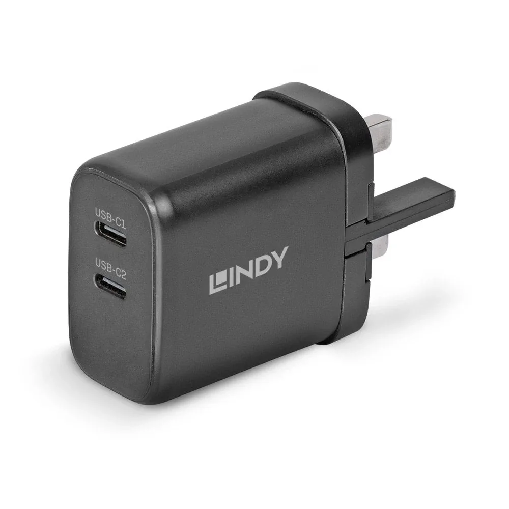 Lindy 65W USB 2 x Type C GaN Charger, Input UK Plug, Output 2 x USB Type C Female, Black