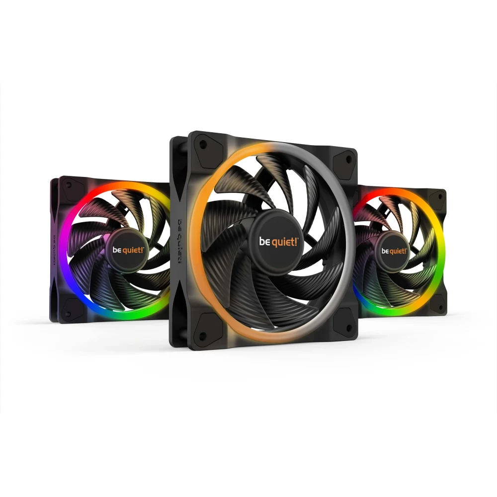 be quiet! Light Wings PWM High Speed Addressable RGB Fan Pack, 120mm, 2500RPM, 4-Pin PWM Fan & 3-Pin ARGB Connectors, Black Frame, Black Blades, ARGB Lighting on Front & Rear, Addressable RGB Hub Included