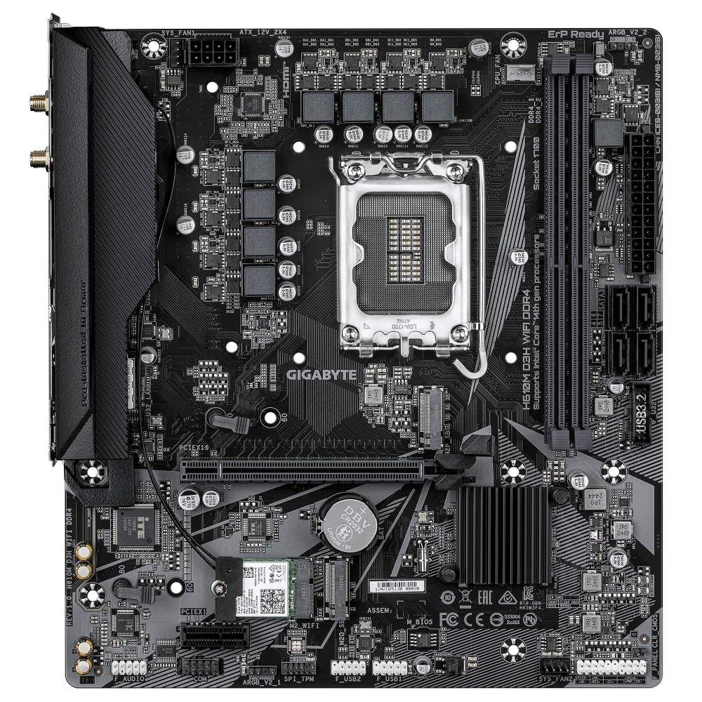 Gigabyte H610M D3H WIFI DDR4 Intel 1700 Socket Motherboard, Micro-ATX, 2x DDR4 Slots, 2x M.2 Socket, GbE LAN, Wi-Fi 5, 1x HDMI Port