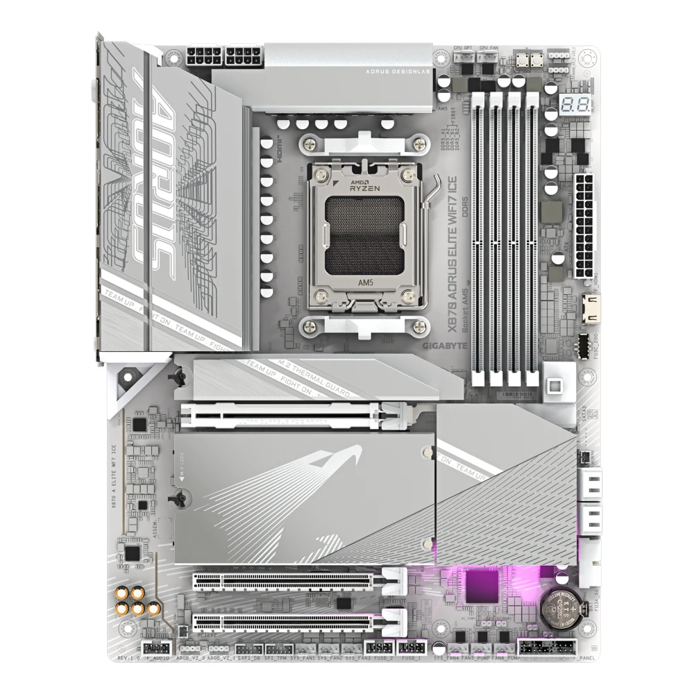 Gigabyte X870 AORUS ELITE WIFI7 ICE AMD AM5 Socket Motherboard, ATX, 4x DDR5 Slots, 4x M.2 Sockets, Fitted I/O Shield, 2.5GbE LAN, Wi-Fi 7, 1x HDMI Port / 2x USB-C (USB4)