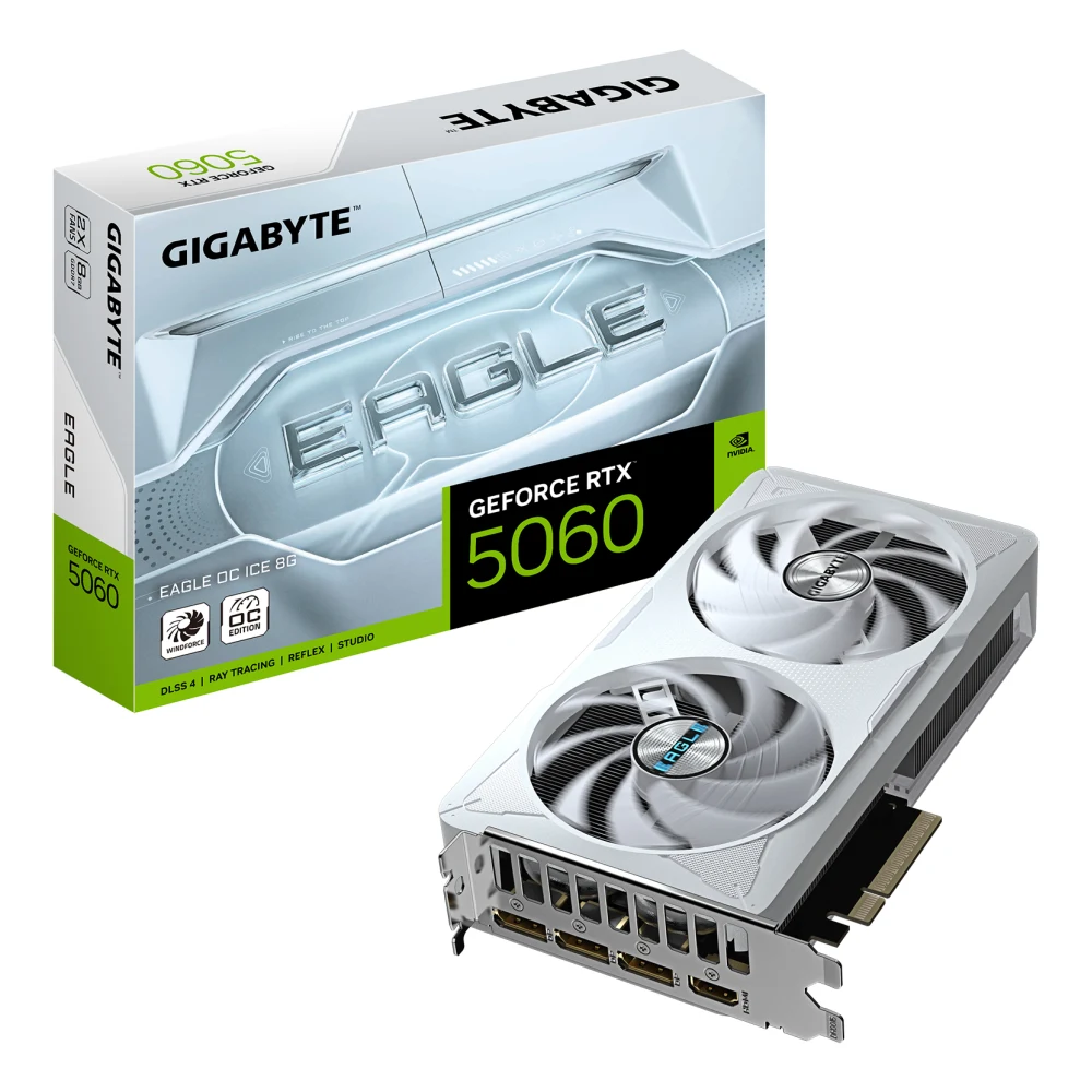 Gigabyte NVIDIA GeForce RTX 5060 EAGLE OC ICE 8GB GDDR7 Graphics Card, 3840 CUDA Cores, 2550 MHz Core Clock, Dual Fan, White, 3x DisplayPorts / 1x HDMI Port
