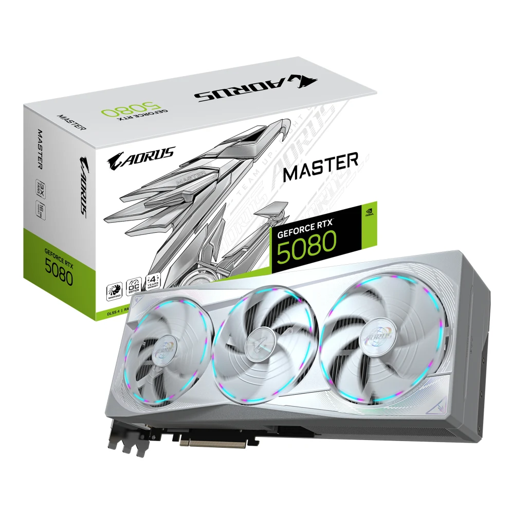 Gigabyte NVIDIA GeForce RTX 5080 AORUS MASTER ICE 16GB GDDR7 Graphics Card, 10752 CUDA Cores, 2805 MHz Core Clock, Triple Fan, White, RGB, 3x DisplayPorts / 1x HDMI Port