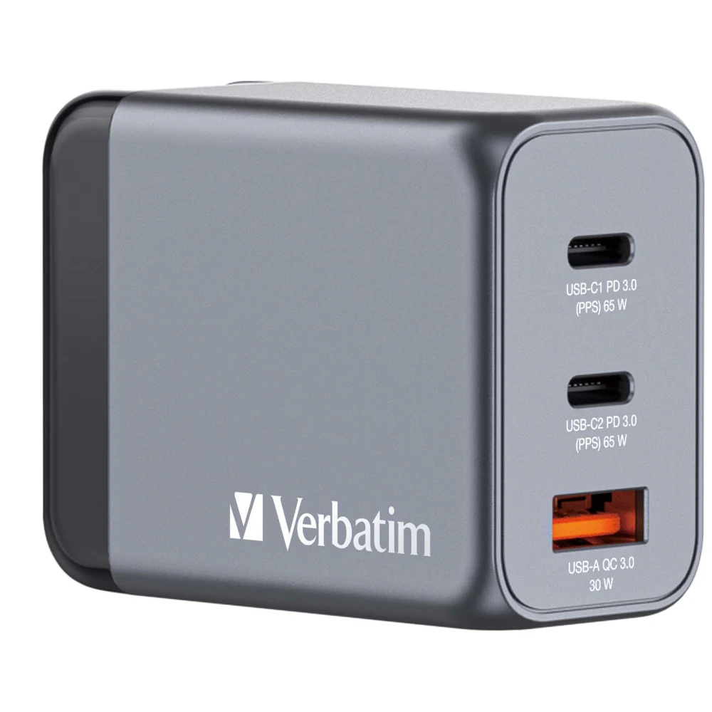 Verbatim (32201) GNC-65 GaN Charger 65W with 2 x USB-C PD 65W / 1 x USB-A QC 3.0 (EU/UK/US)