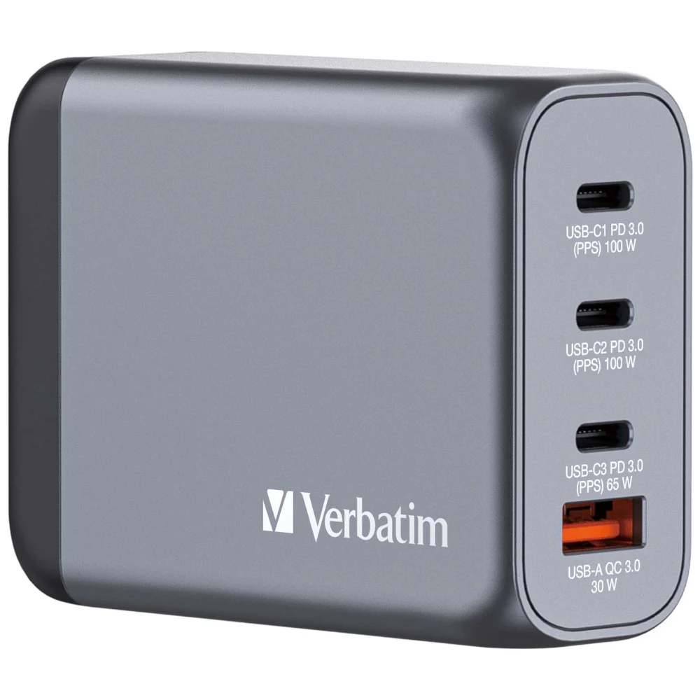 Verbatim (32202) GNC-100 GaN Charger 100W with 2 x USB-C PD 100W / 1 x USB-C PD 65W / 1 x USB-A QC 3.0 (EU/UK/US)