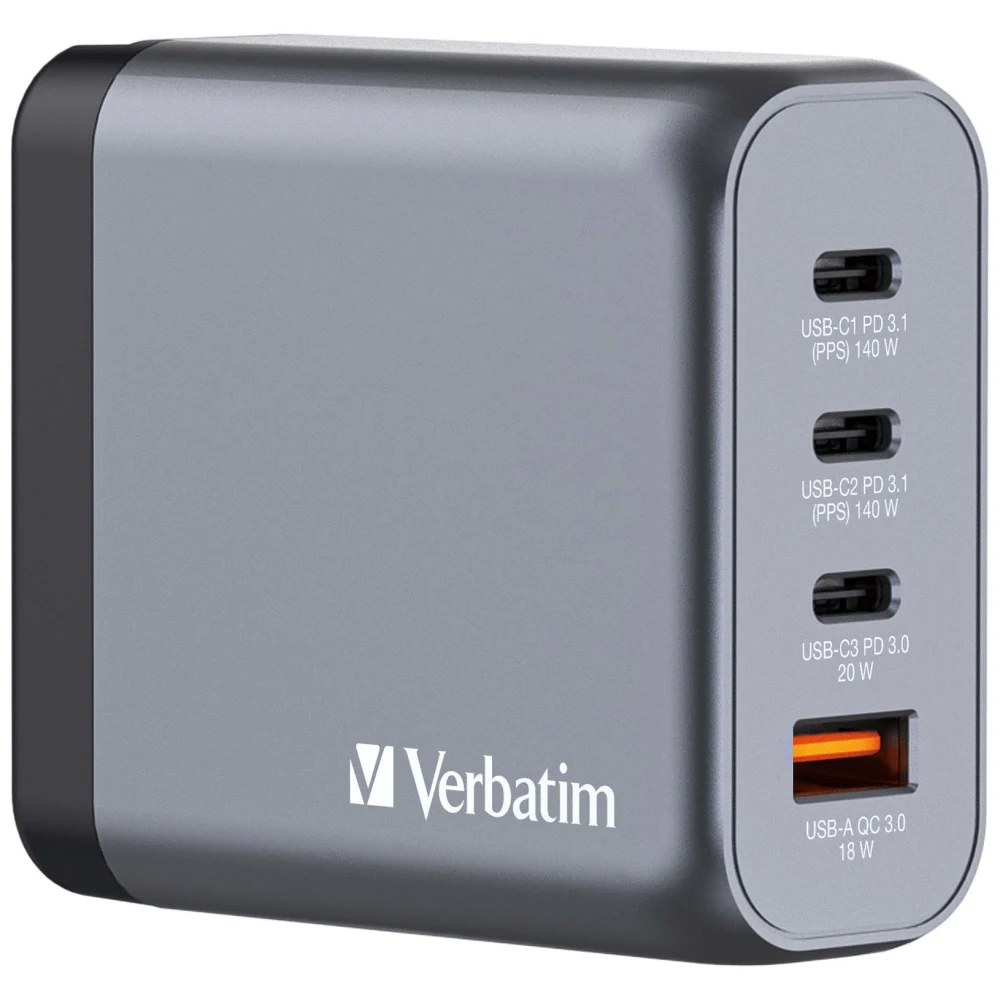 Verbatim (32203) GNC-140 GaN Charger 140W with 2 x USB-C PD 140W / 1 x USB-C PD 20W / 1 x USB-A QC 3.0 (EU/UK/US)