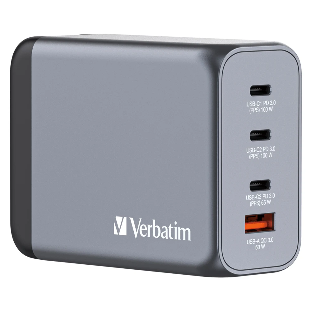 Verbatim (32204) GNC-200 GaN Charger 200W with 2 x USB-C PD 100W / 1 x USB-C PD 65W / 1 x USB QC 3.0 (EU/UK/US)
