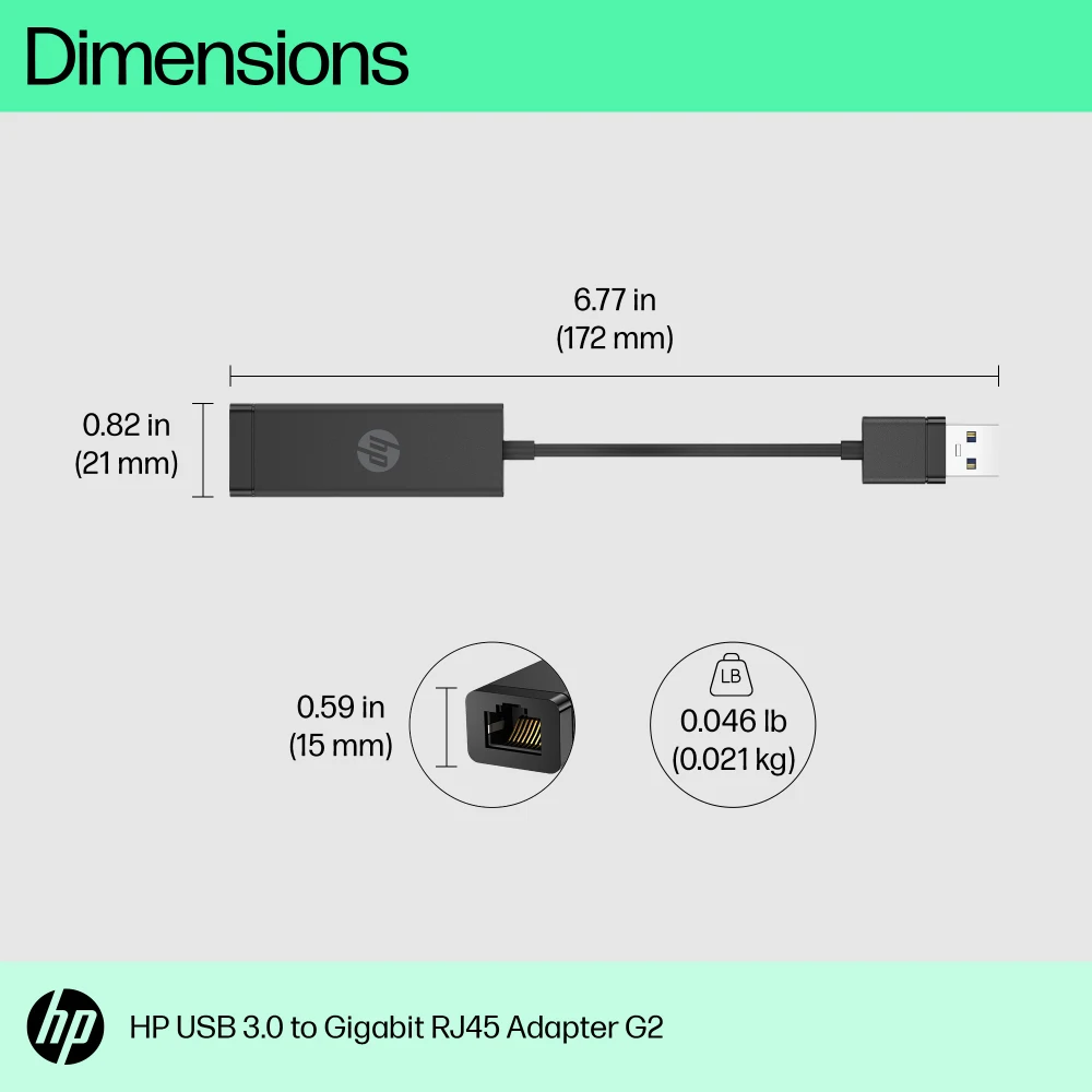 HP USB 3.0 to RJ45 Adapter G2 - Network adapter - USB 3.0 - Gigabit Ethernet x 1 - for HP 245 G10 Notebook, 250 G9 Notebook, Fortis 11 G9 Q Chromebook