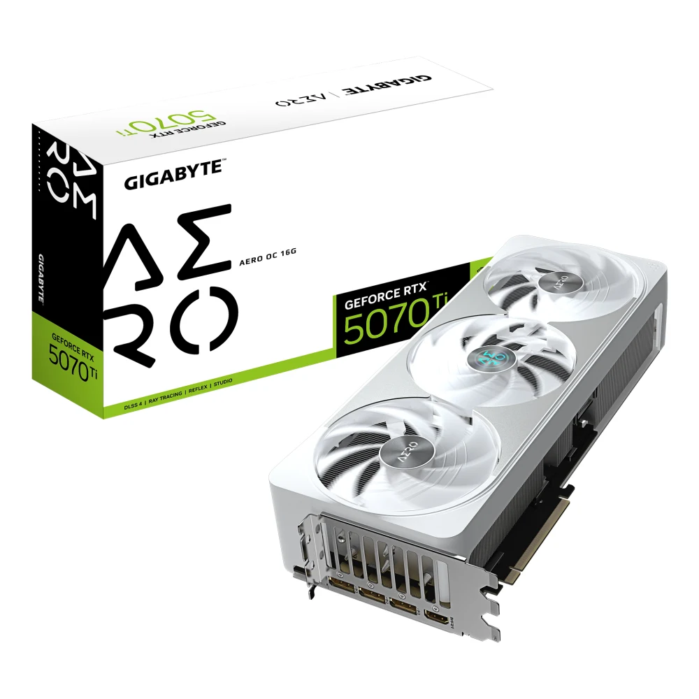 Gigabyte NVIDIA GeForce RTX 5070 Ti AERO OC 16GB GDDR7 Graphics Card, 8960 CUDA Cores, 2588 MHz Core Clock, Triple Fan, White, RGB, 3x DisplayPorts / 1x HDMI Port