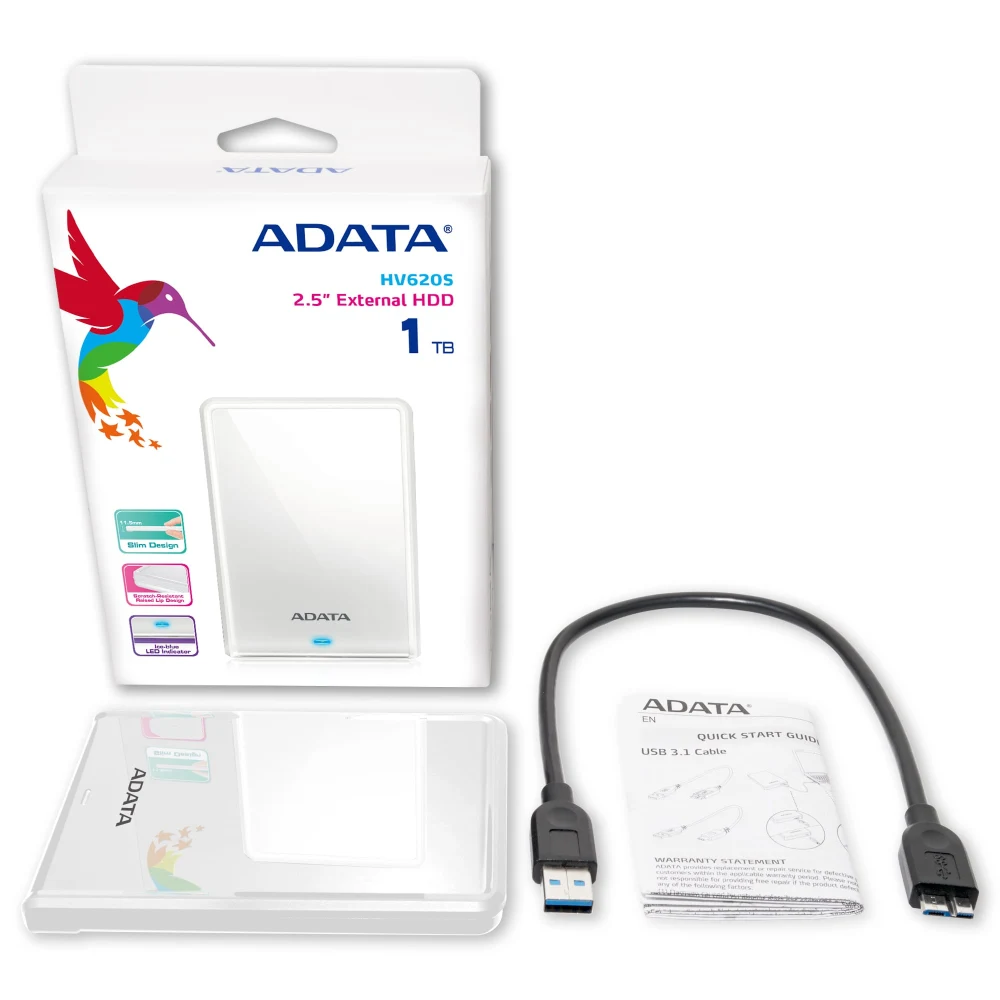 Adata HV620S 1TB USB 3.1 2.5 Inch Portable External Hard Drive, White
