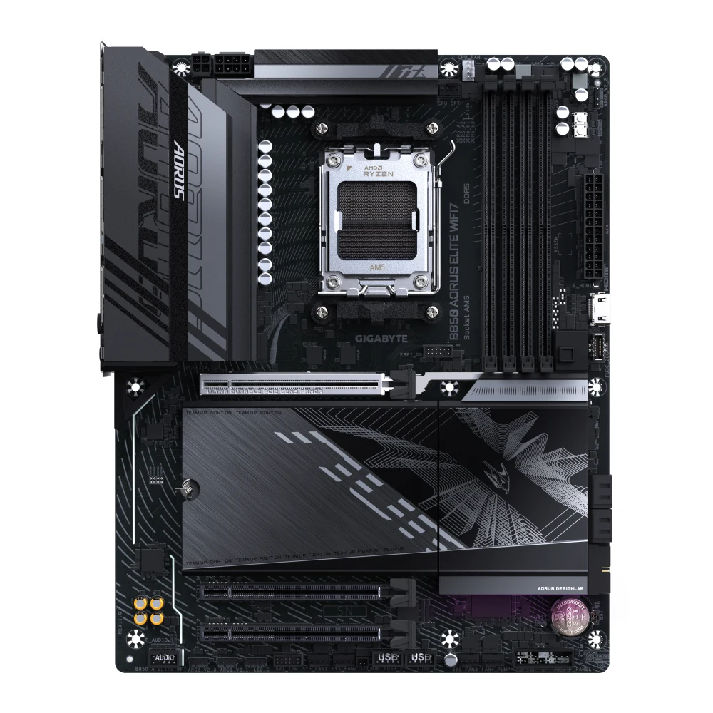 Gigabyte B850 AORUS ELITE WIFI7 AMD AM5 Socket Motherboard, ATX, 4x DDR5 Slots, 3x M.2 Sockets, 2x USB-C Port, Fitted I/O Shield, 2.5GbE LAN, Wi-Fi 7, 1x DisplayPort / 1x HDMI Port