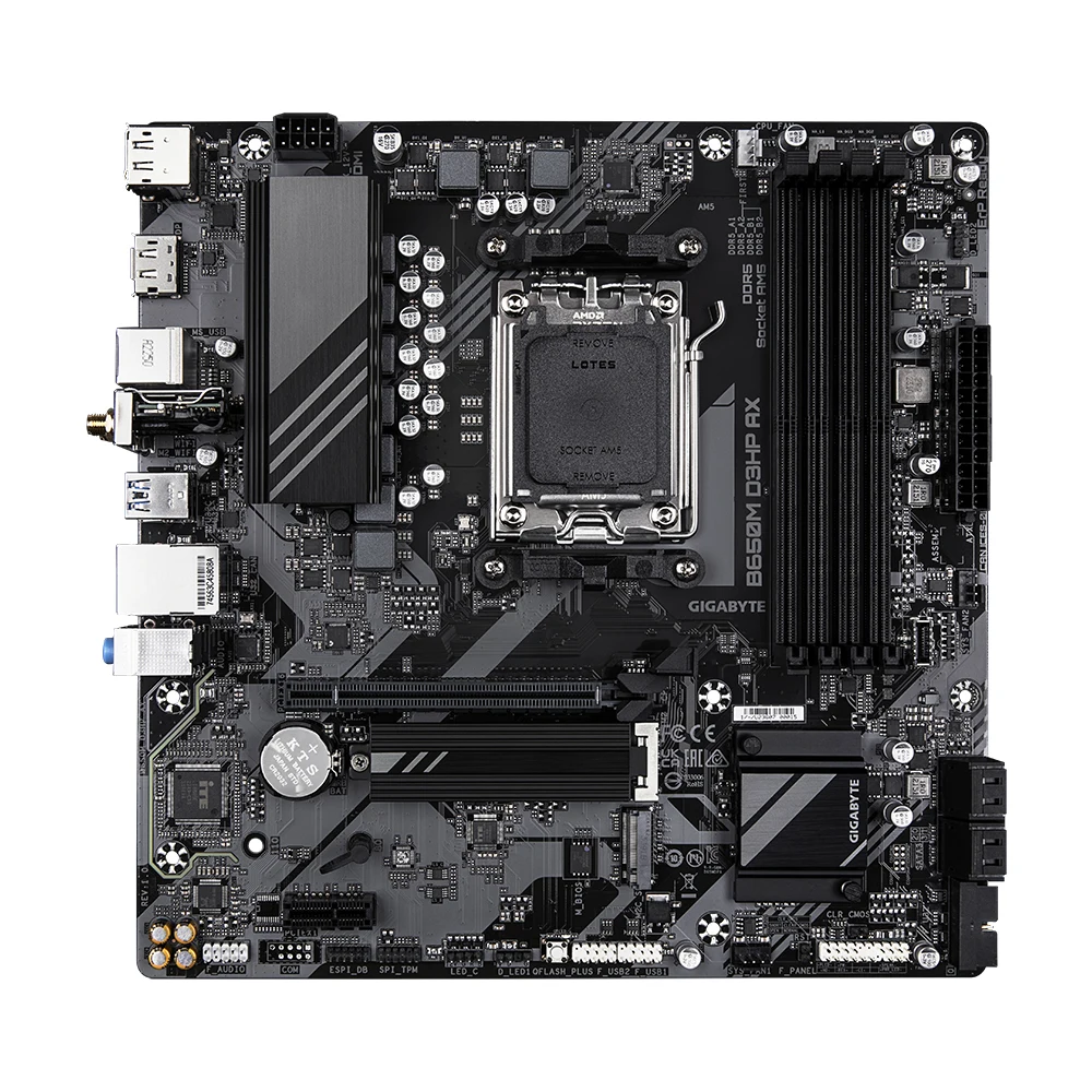 Gigabyte B650M D3HP AX Ultra Durable AMD AM5 Socket Motherboard, Micro-ATX, 4x DDR5 Slots, 2x M.2 Sockets, 2.5GbE LAN, Wi-Fi 6E, 2x DisplayPorts / 1x HDMI Port
