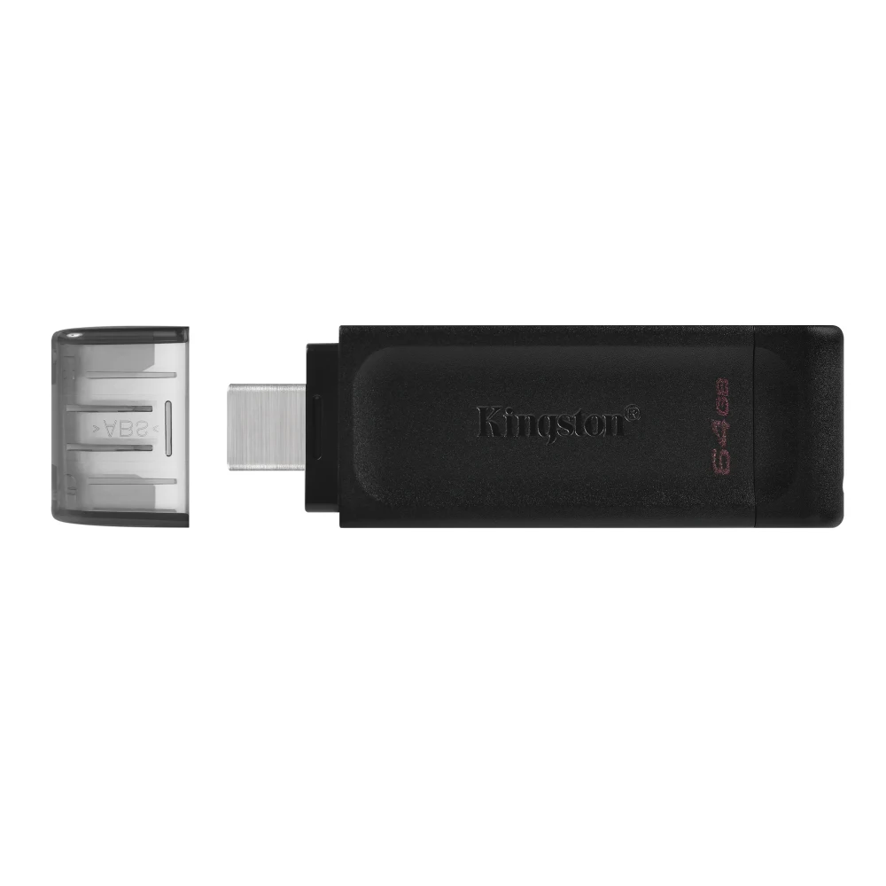 Kingston DT70/64GB DataTraveler 64GB USB Flash Drive, USB 3.2,  USB-C, Gen1, 80MB/s, Clear Cap, Black, Retail.