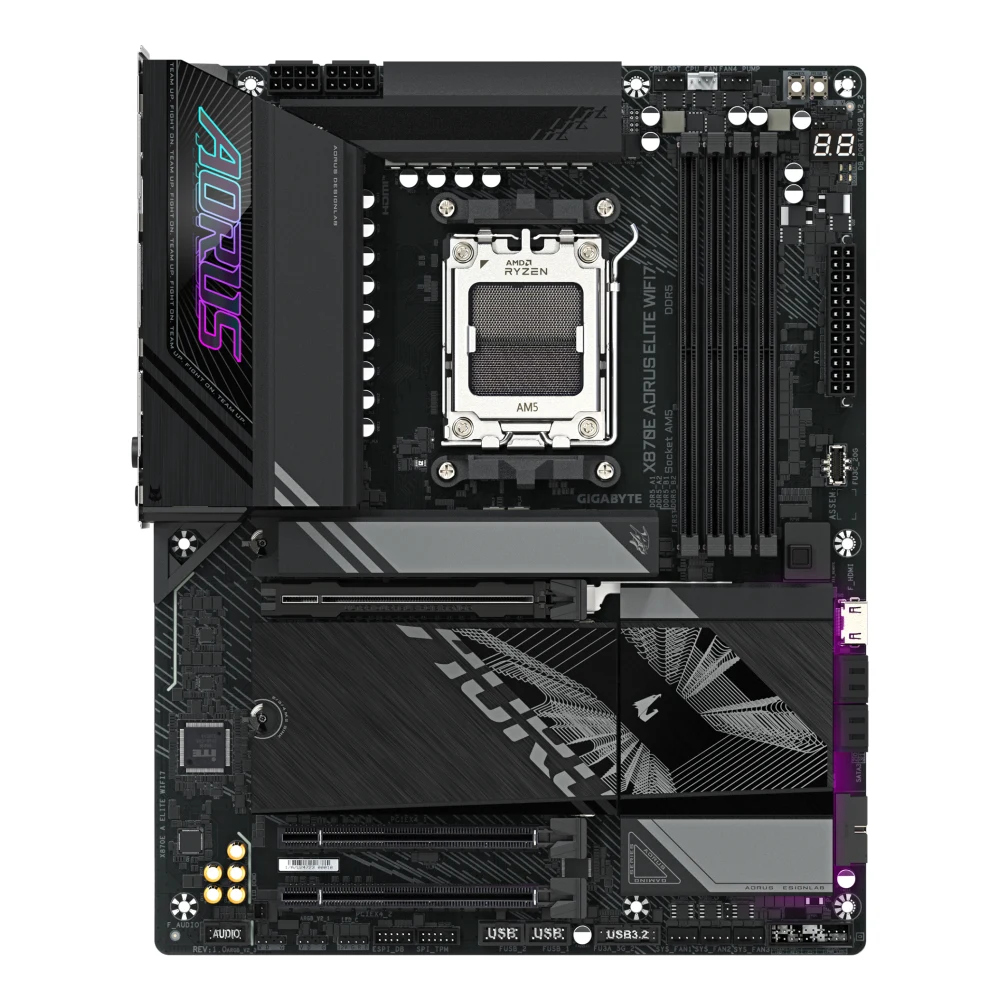 Gigabyte X870E AORUS ELITE WIFI7 AMD AM5 Socket Motherboard, ATX, 4x DDR5 Slots, 4x M.2 Sockets, Fitted I/O Shield, 2.5GbE LAN, Wi-Fi 7, 1x HDMI Port / 2x USB-C (USB4)
