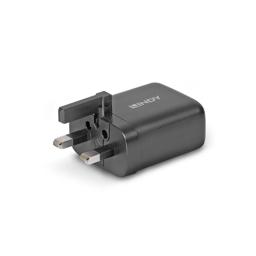 Lindy 65W USB 2 x Type C Charger, Input UK Plug, Output 2 x USB Type C Female, Black