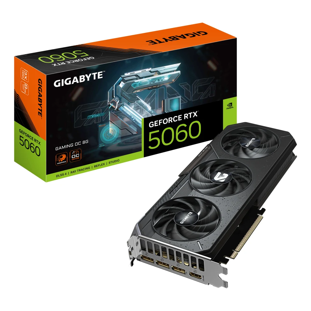 Gigabyte NVIDIA GeForce RTX 5060 Gaming OC 8GB GDDR7 Graphics Card, 3840 CUDA Cores, 2595 MHz Core Clock, Triple Fan, RGB, 3x DisplayPorts / 1x HDMI Ports