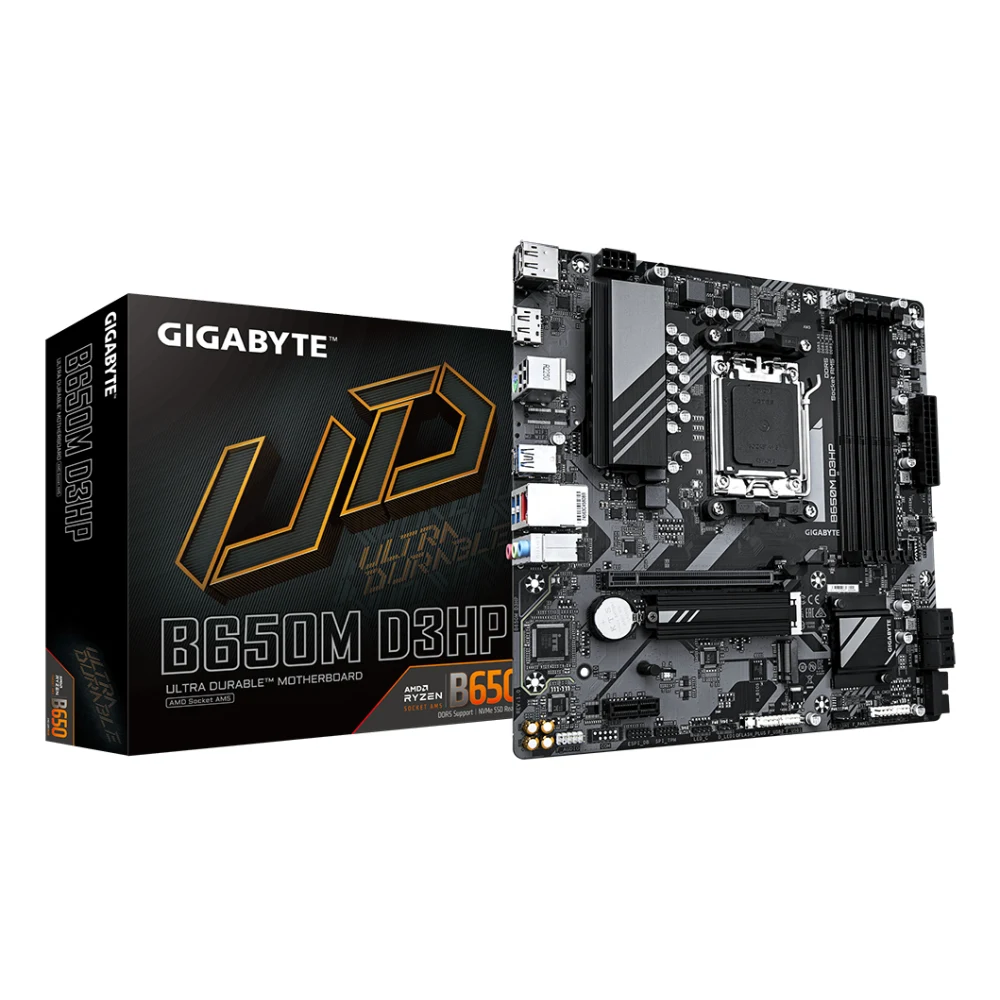 Gigabyte B650M D3HP Ultra Durable AMD AM5 Socket Motherboard, Micro-ATX, 4x DDR5 Slots, 2x M.2 Sockets, 2.5GbE LAN, 2x DisplayPorts / 1x HDMI Port