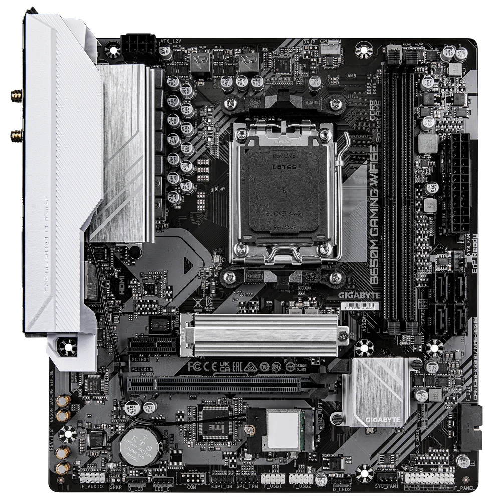 Gigabyte B650M GAMING WIFI6E (rev. 1.2) AMD AM5 Socket Motherboard, 2x DDR5 DIMM Slots, 1x M.2 Sockets, 2.5GbE LAN, Wi-Fi 6E, 1x D-Sub / 1x HDMI Port