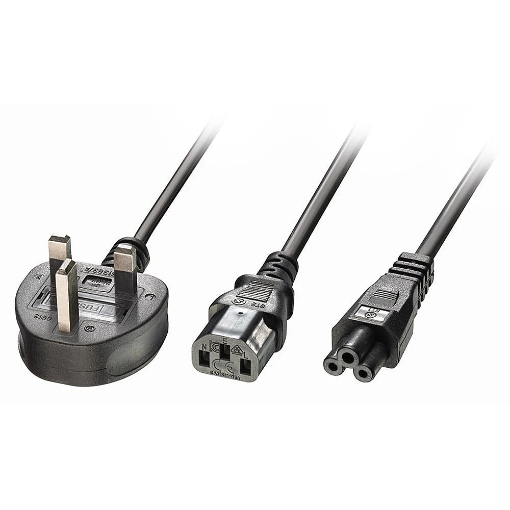Lindy 30374 2.5m UK 3 Pin Plug To IEC C13 (Kettle) & IEC C5 (Clover) 10 Amp Mains Splitter Extension Cable - Black