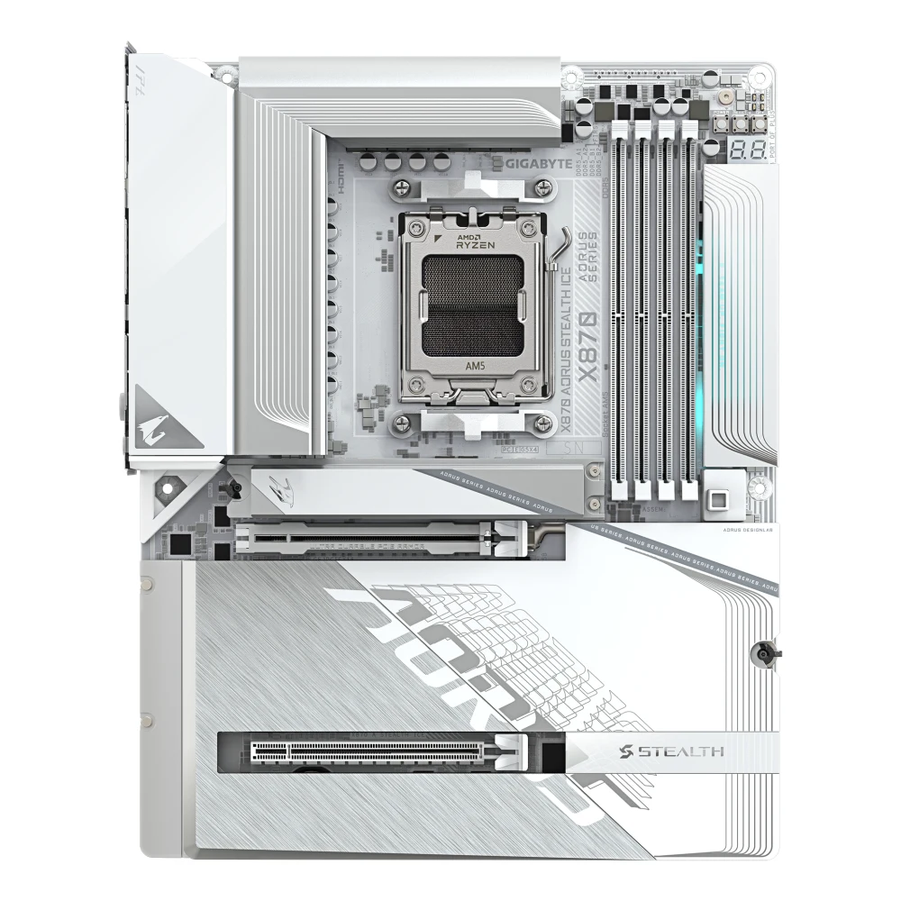 Gigabyte X870 AORUS STEALTH ICE AMD AM5 Socket Motherboard, ATX, 4x DDR5 Slots, 4x M.2 Socket, 5GbE LAN, Wi-Fi 7, 1x HDMI Port / 2x USB-C (USB4)