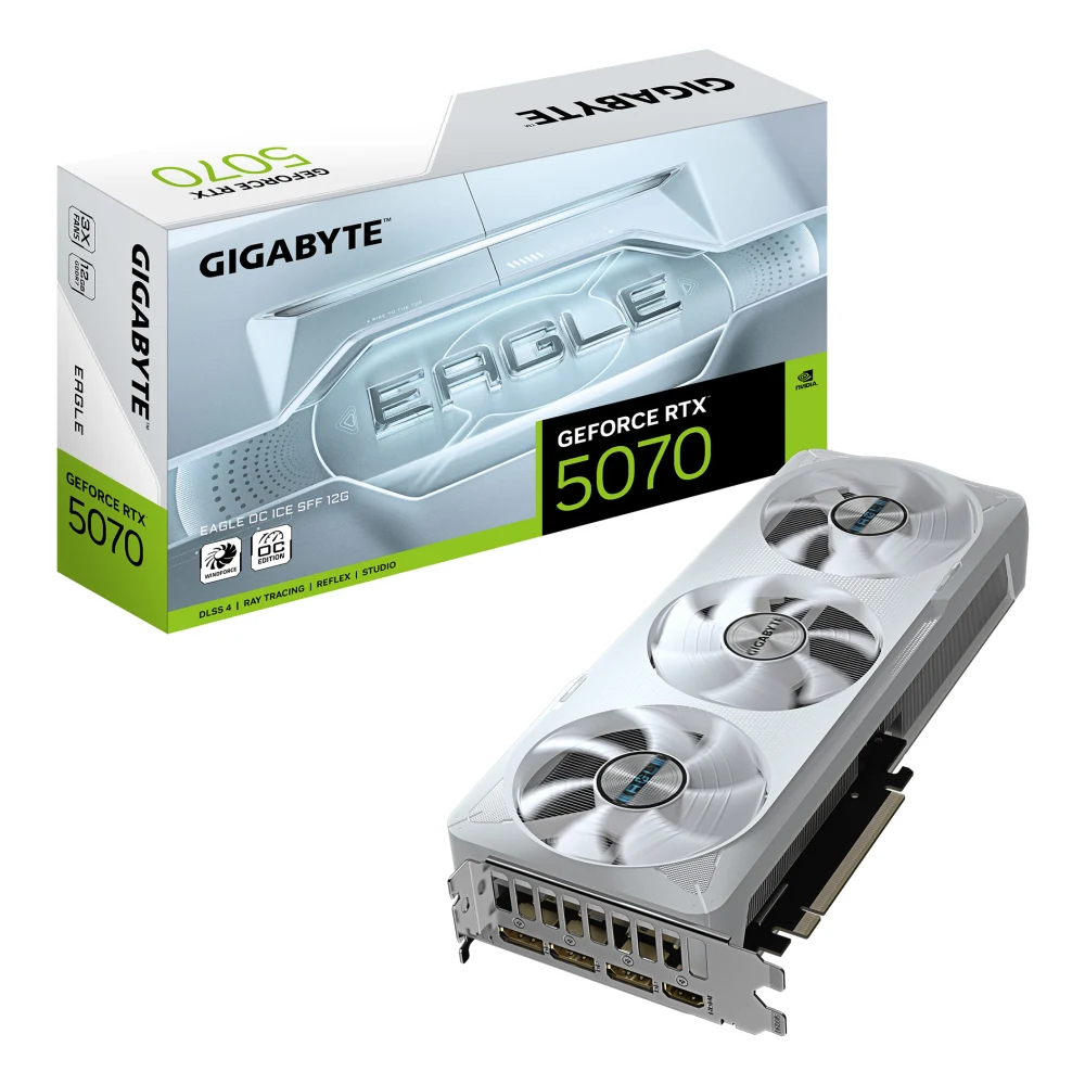 Gigabyte NVIDIA GeForce RTX 5070 EAGLE OC ICE SFF 12GB GDDR7 Graphics Card, 6144 CUDA Cores, 2587 MHz Core Clock, Triple Fan, White, 3x DisplayPorts / 1x HDMI Port