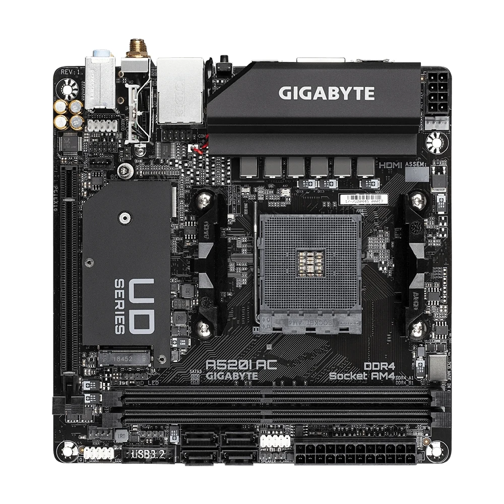 Gigabyte A520I AC Ultra Durable AMD AM4 Socket Motherboard, Mini-ITX, 2x DDR4 Slots, 1x M.2 Socket, GbE LAN, Wi-Fi 5, 1x Display Port 1.4 / 2x HDMI Ports