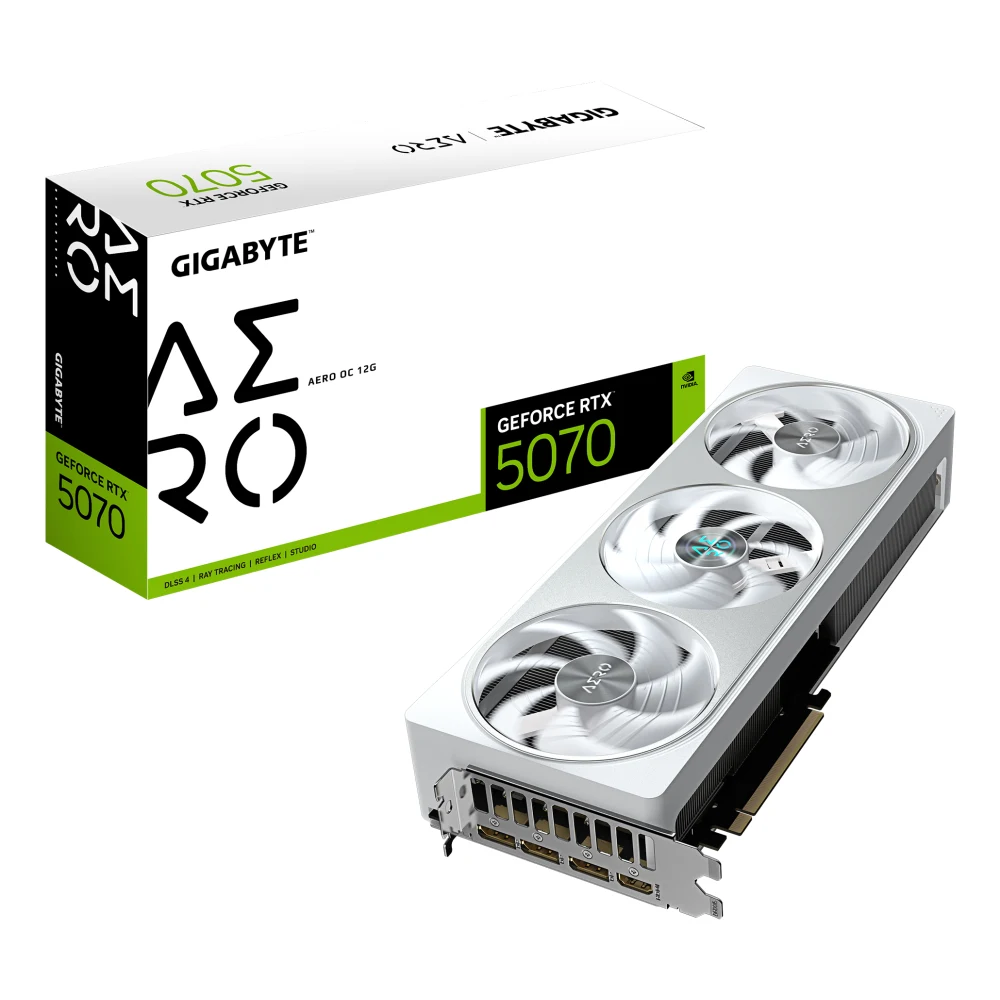 Gigabyte NVIDIA GeForce RTX 5070 AERO OC 12GB GDDR7 Graphics Card, 6144 CUDA Cores, 2625 MHz Core Clock, Triple Fan, White, RGB, 3x DisplayPorts / 1x HDMI Port