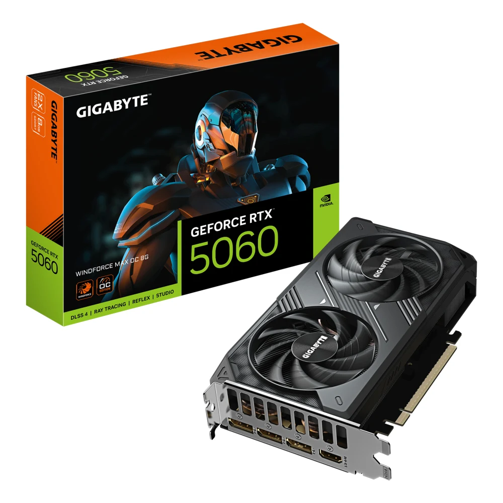 Gigabyte NVIDIA GeForce RTX 5060 WINDFORCE MAX OC 8G GDDR7 Graphics Card, 3840 CUDA Cores, 2512 MHz Core Clock, Dual Fan, 3x DisplayPorts / 1x HDMI Ports