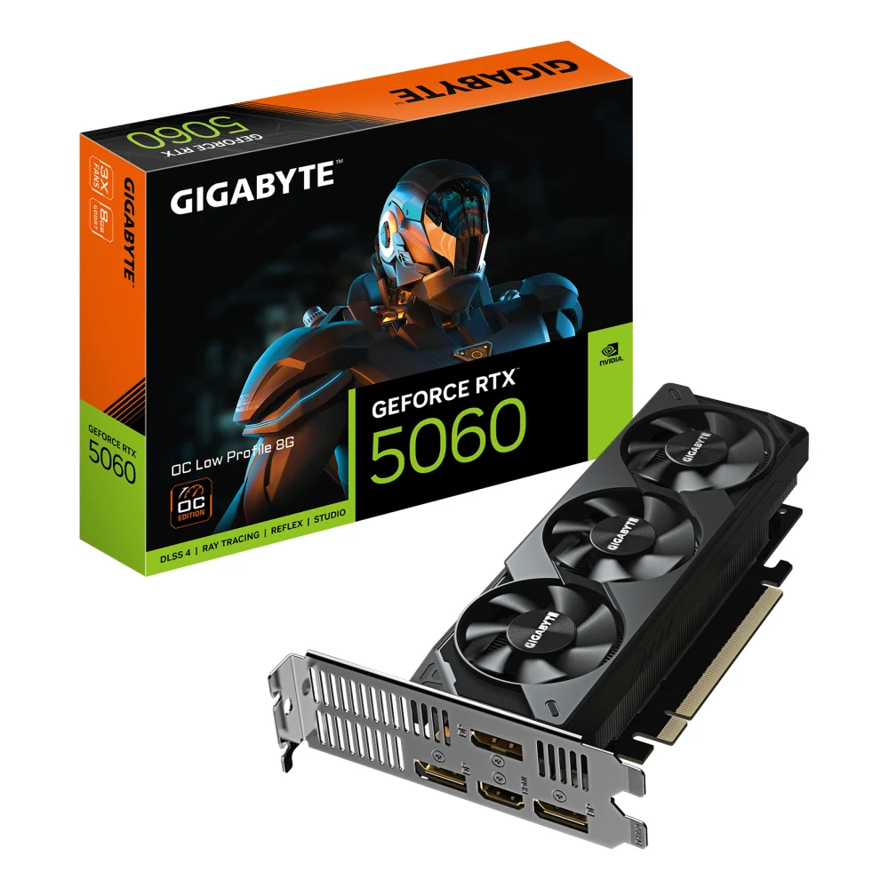Gigabyte NVIDIA GeForce RTX 5060 OC Low Profile OC 8GB GDDR7 Graphics Card, 3840 CUDA Cores, 2512 MHz Core Clock, Triple Fan, 3x DisplayPorts / 1x HDMI Port