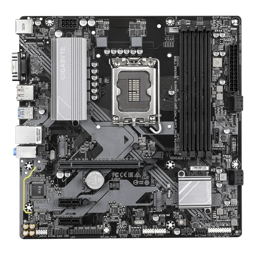Gigabyte B760M D3HP Intel 1700 Socket Motherboard, Micro-ATX, 4x DDR5 Slots, 2x M.2 Sockets, 1x USB-C Port, GbE LAN, 1x D-Sub / 1x DisplayPort / 1x HDMI Port