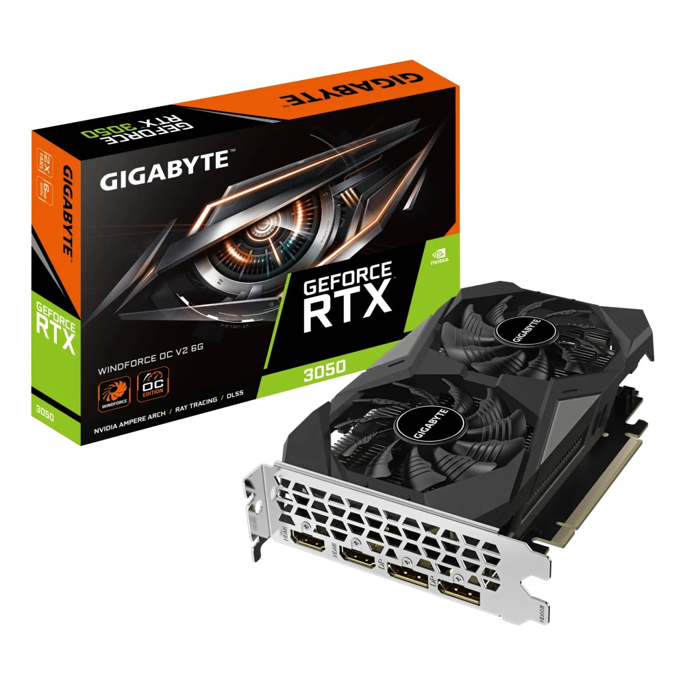 Gigabyte NVIDIA GeForce RTX 3050 WINDFORCE OC V2 6GB GDDR6 Graphics Card, 2304 CUDA Cores, 1477 MHz Core Clock, Dual Fan, 2x DisplayPorts / 2x HDMI Ports