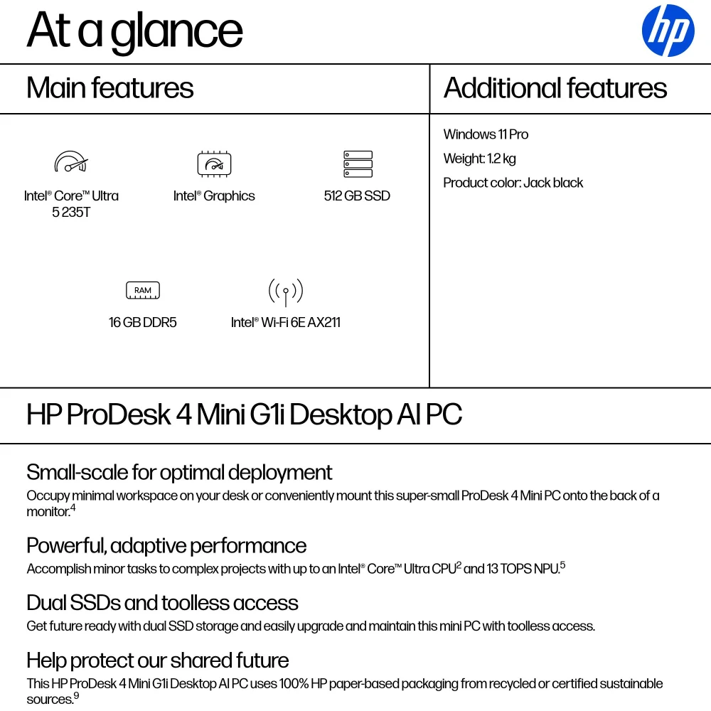 HP ProDesk 4 Mini 400 G1i BY6Y1ET#ABU, Intel Core Ultra 5-235T, 16GB RAM, 512 SSD, Intel Graphics, Windows 11 Pro