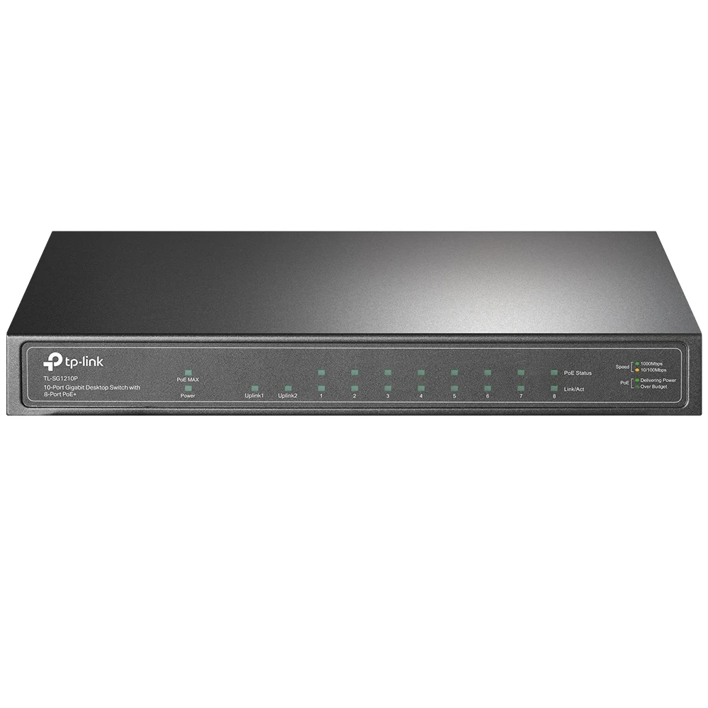 TP-Link TL-SG1210P - Switch - unmanaged - 8 x 10/100/1000 (PoE+) + 1 x 10/100/1000 (uplink) + 1 x Gigabit SFP (uplink) - desktop - PoE+ (63 W)
