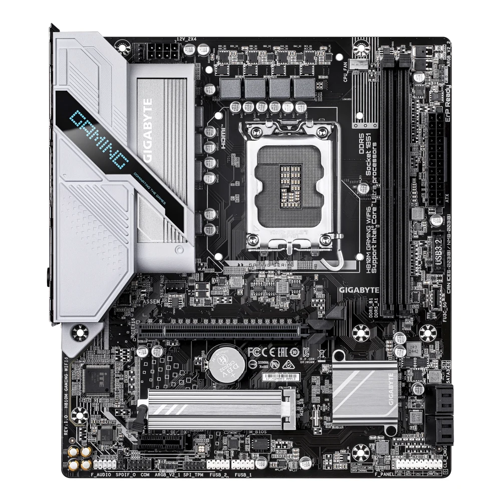 Gigabyte H810M GAMING WIFI6 Intel 1851 Socket Motherboard, Micro-ATX, 2x DDR5 Slots, 1x M.2 Socket, Fitted I/O Shield, 2.5GbE LAN, Wi-Fi 6, 1x DisplayPort / 1x HDMI Port