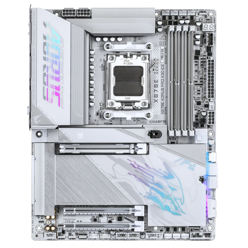 Gigabyte X870E AORUS PRO X3D ICE AMD AM5 Socket Motherboard, ATX, 4x DDR5 Slots, 4x M.2 Sockets, Fitted I/O Shield, 5GbE LAN, Wi-Fi 7, 1x HDMI Port / 2x USB-C (USB4)