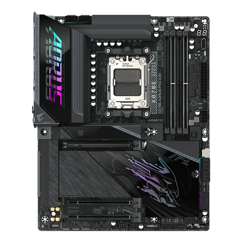 Gigabyte X870E AORUS PRO X3D AMD AM5 Socket Motherboard, ATX, 4x DDR5 Slots, 4x M.2 Sockets, Fitted I/O Shield, 5GbE LAN, Wi-Fi 7, 1x HDMI Port / 2x USB-C (USB4)
