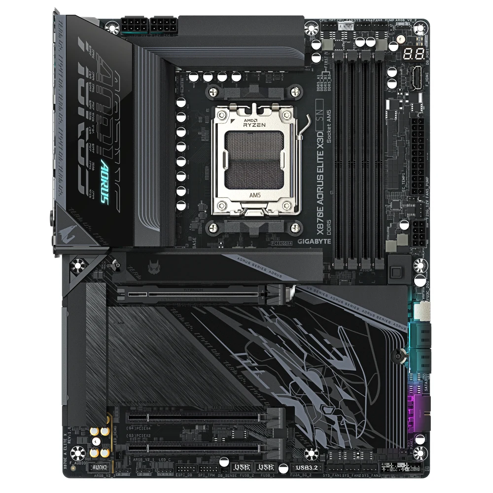 Gigabyte X870E AORUS ELITE X3D AMD AM5 Socket Motherboard, ATX, 4x DDR5 Slots, 4x M.2 Sockets, Fitted I/O Shield, 5GbE LAN, Wi-Fi 7, 1x HDMI Port / 2x USB-C (USB4)