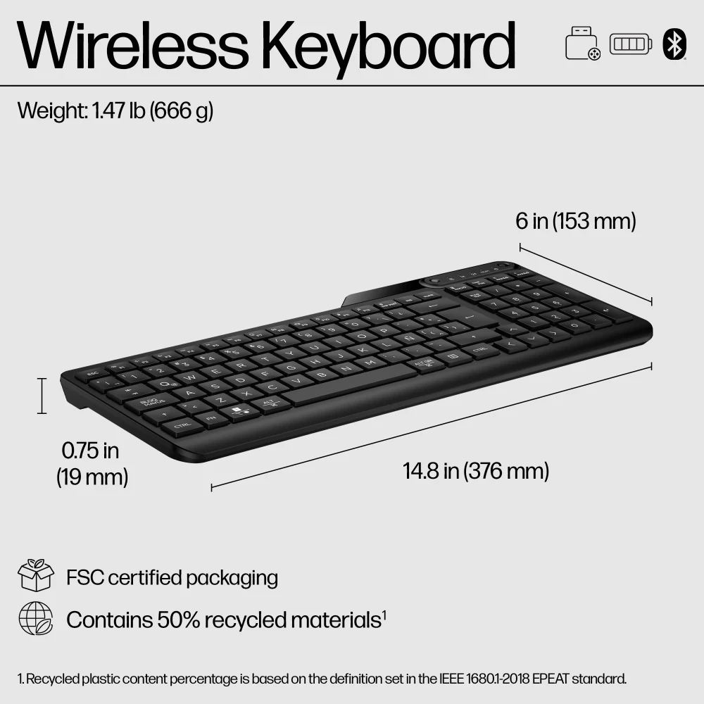 HP 475 Dual-Mode Wireless Keyboard, Bluetooth or 2.4Ghz Wireless, Pair up to 3 Devices, 12 Progammable Keys, Qwerty UK English Layout, Black
