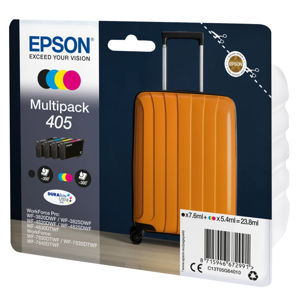 Epson 405 Multipack (Original) - Black, Cyan, Magenta, Yellow DURABrite Ultra Ink Cartridges for Workforce WF-7310, 7830, 7835, 7840, Pro WF-3820, 3825, 4820, 4825, 4830 - 4-Pack