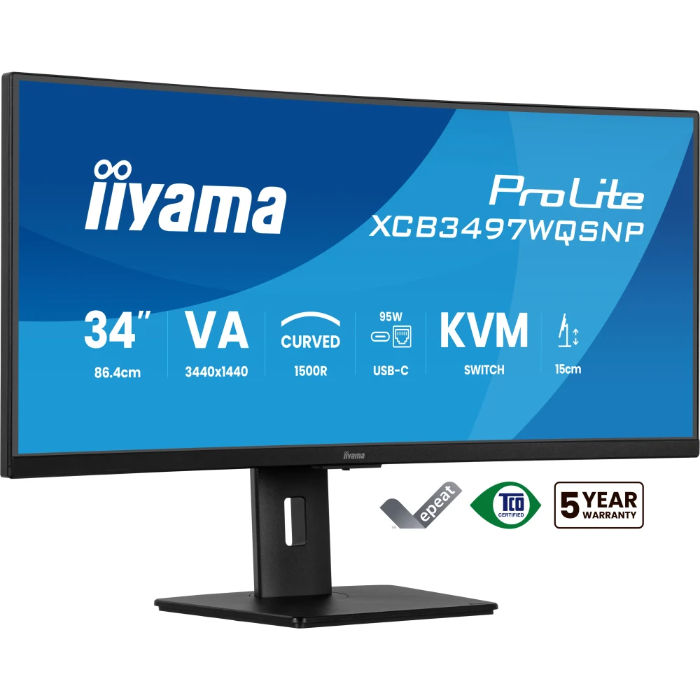 iiyama ProLite XCB3497WQSNP-B1 - LED monitor - curved - 34" - 3440 x 1440 UWQHD @ 120 Hz - VA - 350 cd/m - 3000:1 - 0.4 ms - HDMI, DisplayPort, USB-C - speakers - matte black
