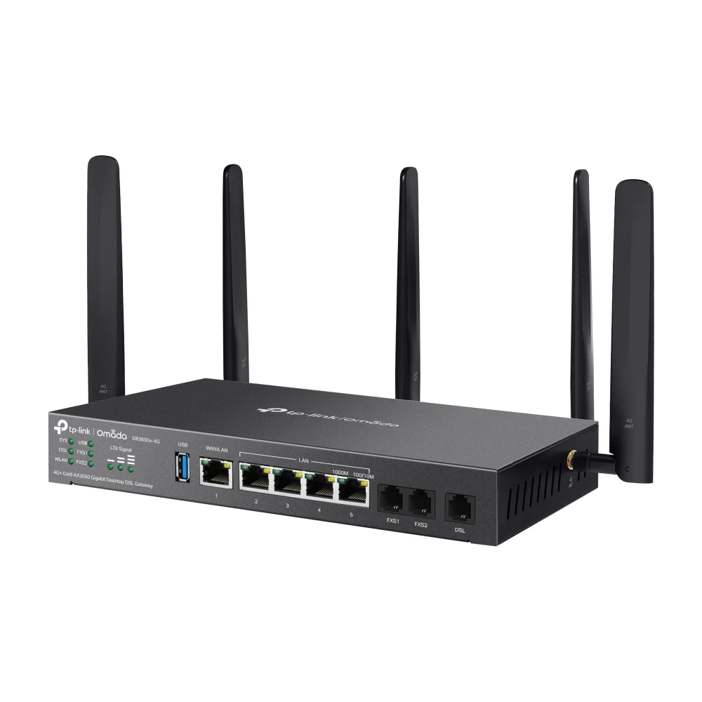 TP-Link Omada DR3650v-4G V1 - Gateway - 1GbE - Wi-Fi 6 - 4G, 3G - 2.4 GHz, 5 GHz - 4G LTE-FDD B1/B3/B5/B7/B8/B20/B28/B32 4G LTE-TDD B38/B40/B41 3G DC-HSDPA/HSPA+/HSDPA/HSUPA/WCDMA