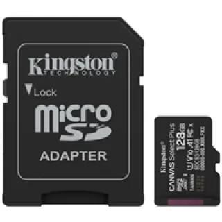 Kingston Canvas Select Plus - Flash memory card (microSDXC to SD adapter included) - 128 GB - A1 / Video Class V10 / UHS-I U1 / Class10 - microSDXC UHS-I