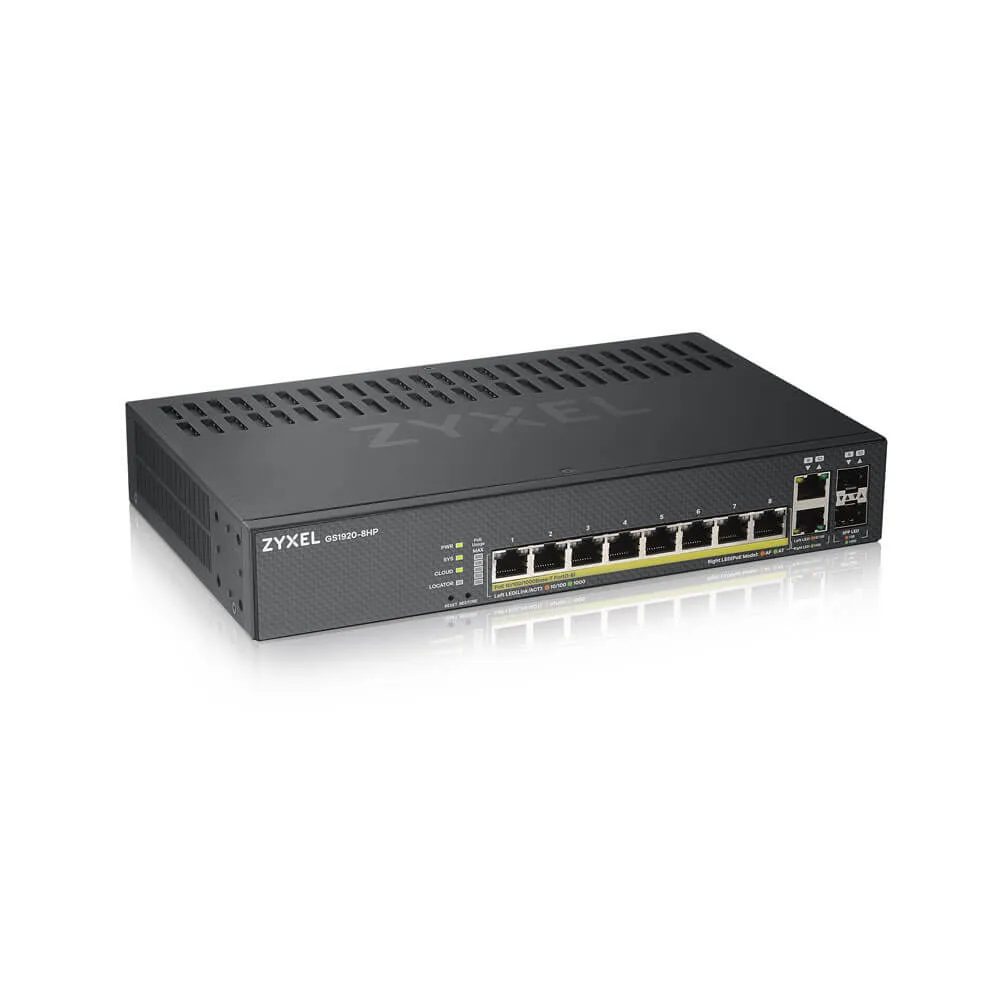 Zyxel GS1920-8HPv2 - Switch - smart - 8 x 10/100/1000 (PoE+) + 2 x combo Gigabit SFP - desktop, wall-mountable - PoE+ (130 W)