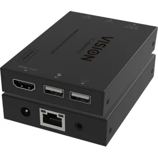 HDMI and USB over IP Receiver - receiver only, transmitter needs to be purchased separately - transmits HDMI one to one or one to many - transmits USB 1.1 - plug and play - IR pass though - if just one receiver you can connect directly and bypass network