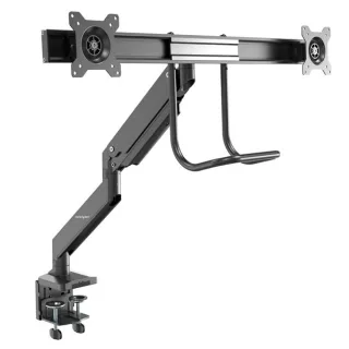 Startech Desk Mount Dual Monitor Arm, Ergonomic Dual Monitor VESA Mount for 32" 17.6lbs (8kg) Displays, Crossbar Handle for Synchronized Full Motion, Height Adjustable, C-Clamp/Grommet - Small Footprint Design (ARMSLMBARDUO) - Mounting kit - adjustable ar