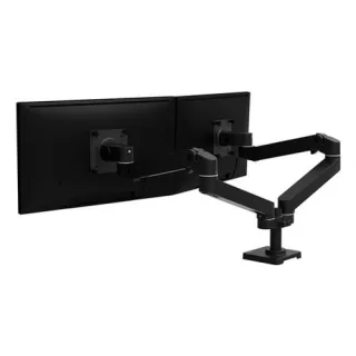 Dual monitor arm - For screens sized up to 27" - Weight Capacity: Individual monitor weight = 4–20 lbs (1.8–9 kg). Total weight capacity = 8–40 lbs (3.6–18.1 kg). Monitor depth greater than 3.6" (9 cm) may diminish capacity - Black - Desk-mountable (2-pie