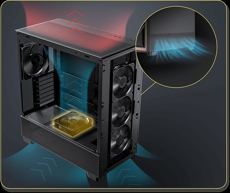 Antec Flux SE Full Tower PC Case with Solid Side Panel, Black/Wood, 5x Pre-Installed Fans, USB Type-C, E-ATX/ATX/mATX/mITX Compatibility